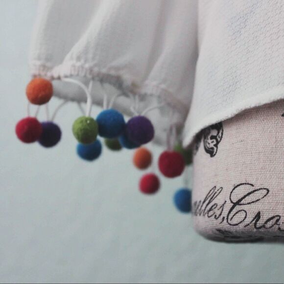 Nylon Apparel Off Shoulder Tops w/ Pompoms in S - Picture 7 of 8